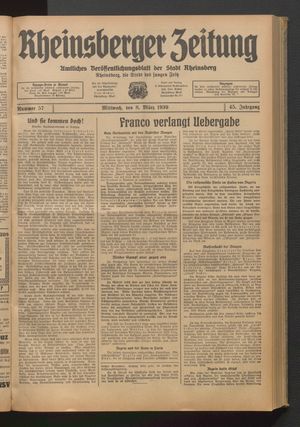 Rheinsberger Zeitung vom 08.03.1939