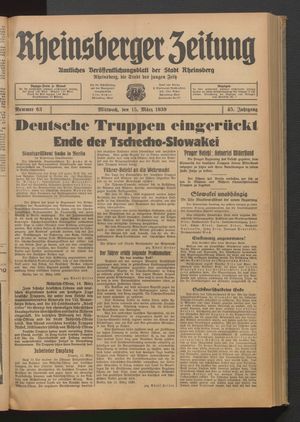 Rheinsberger Zeitung vom 15.03.1939