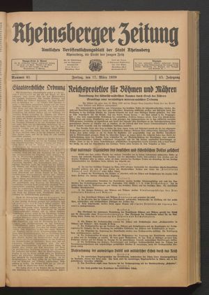 Rheinsberger Zeitung vom 17.03.1939