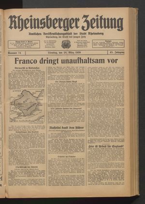 Rheinsberger Zeitung vom 28.03.1939