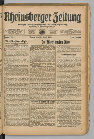 Rheinsberger Zeitung vom 14.08.1939