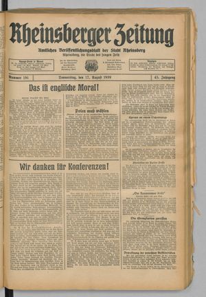 Rheinsberger Zeitung vom 17.08.1939