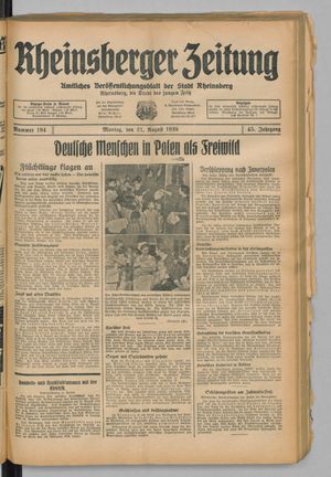 Rheinsberger Zeitung vom 21.08.1939