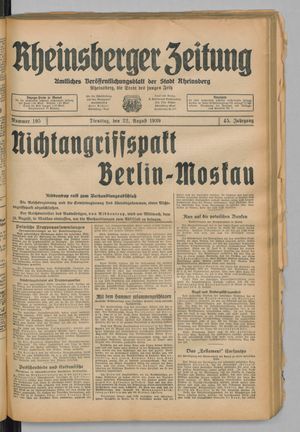 Rheinsberger Zeitung vom 22.08.1939