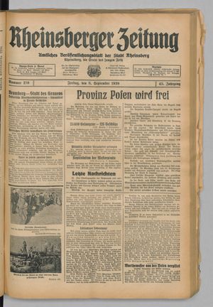 Rheinsberger Zeitung vom 08.09.1939