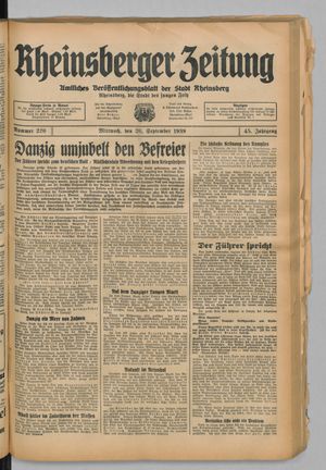 Rheinsberger Zeitung vom 20.09.1939