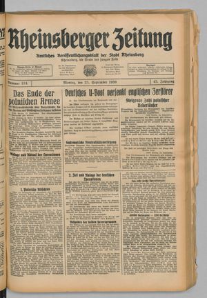 Rheinsberger Zeitung on Sep 25, 1939