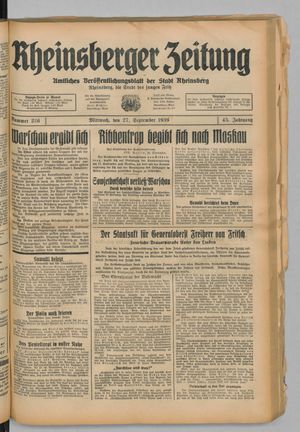 Rheinsberger Zeitung vom 27.09.1939