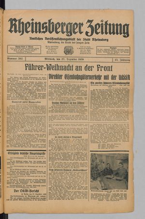 Rheinsberger Zeitung vom 27.12.1939