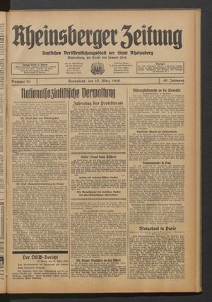 Rheinsberger Zeitung vom 16.03.1940