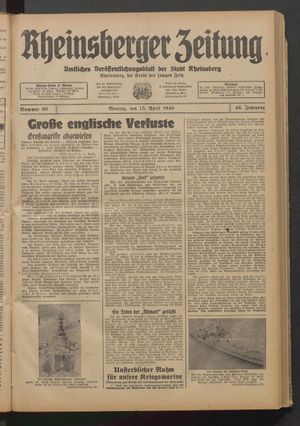 Rheinsberger Zeitung vom 15.04.1940