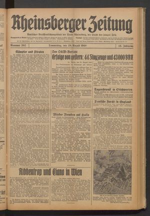 Rheinsberger Zeitung vom 29.08.1940