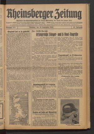 Rheinsberger Zeitung vom 10.09.1940