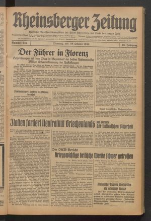 Rheinsberger Zeitung vom 29.10.1940
