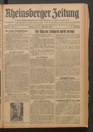 Rheinsberger Zeitung vom 15.09.1941