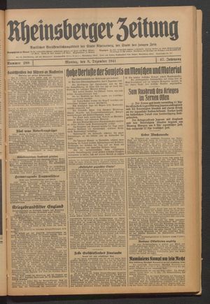Rheinsberger Zeitung vom 08.12.1941