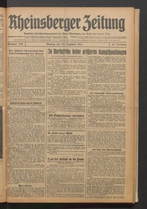 Rheinsberger Zeitung vom 22.12.1941