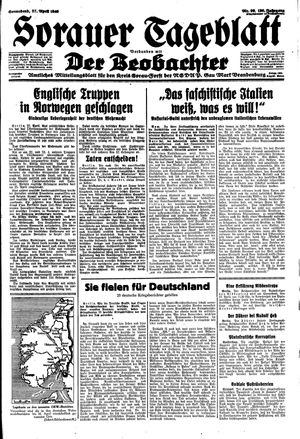 Sorauer Tageblatt vom 27.04.1940