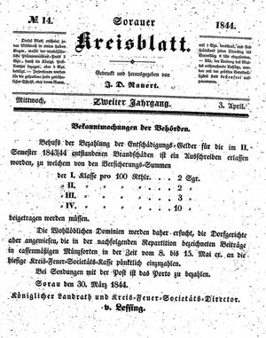 Sorauer Kreisblatt vom 03.04.1844