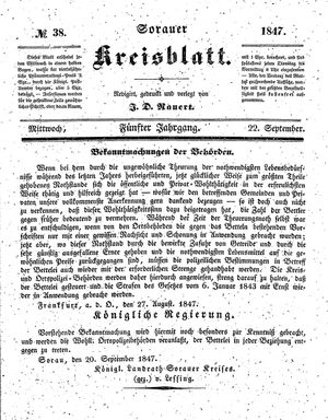 Sorauer Kreisblatt vom 22.09.1847