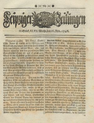 Leipziger Zeitungen vom 16.11.1746