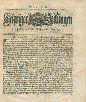 Leipziger Zeitungen vom 05.08.1750