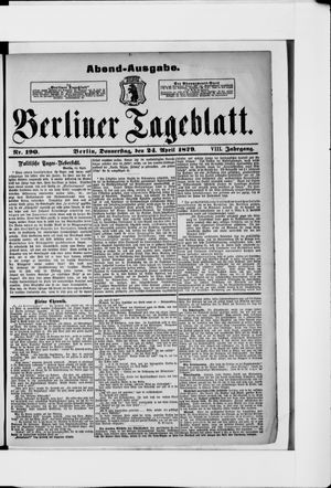 Berliner Tageblatt und Handels-Zeitung on Apr 24, 1879