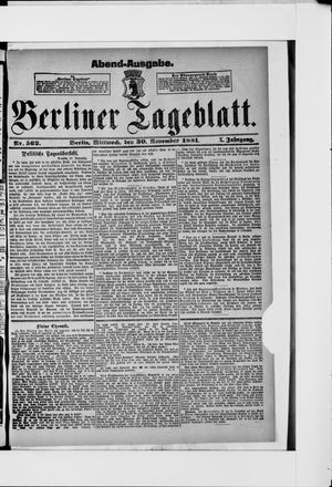 Berliner Tageblatt und Handels-Zeitung vom 30.11.1881