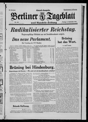 Berliner Tageblatt und Handels-Zeitung vom 15.09.1930