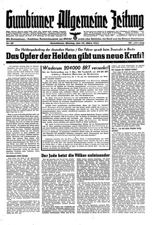 Gumbinner allgemeine Zeitung vom 22.03.1943