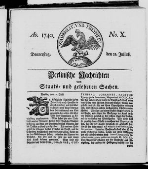 Berlinische Nachrichten von Staats- und gelehrten Sachen vom 21.07.1740