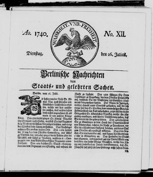 Berlinische Nachrichten von Staats- und gelehrten Sachen on Jul 26, 1740