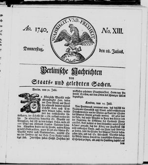 Berlinische Nachrichten von Staats- und gelehrten Sachen vom 28.07.1740