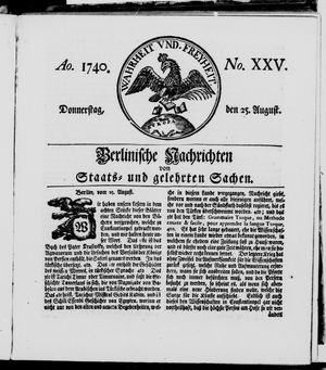 Berlinische Nachrichten von Staats- und gelehrten Sachen vom 25.08.1740