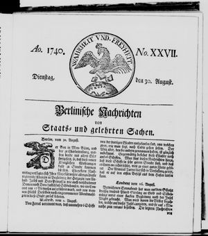 Berlinische Nachrichten von Staats- und gelehrten Sachen vom 30.08.1740