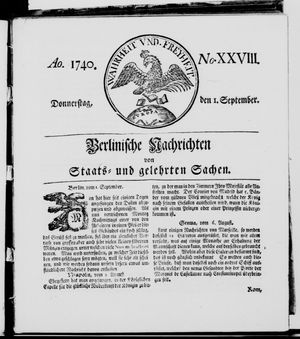 Berlinische Nachrichten von Staats- und gelehrten Sachen vom 01.09.1740