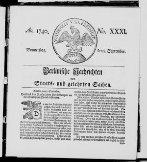 Berlinische Nachrichten von Staats- und gelehrten Sachen on Sep 8, 1740