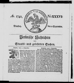 Berlinische Nachrichten von Staats- und gelehrten Sachen vom 20.09.1740