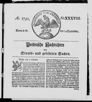 Berlinische Nachrichten von Staats- und gelehrten Sachen vom 24.09.1740