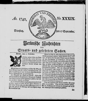 Berlinische Nachrichten von Staats- und gelehrten Sachen vom 27.09.1740