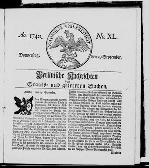Berlinische Nachrichten von Staats- und gelehrten Sachen vom 29.09.1740