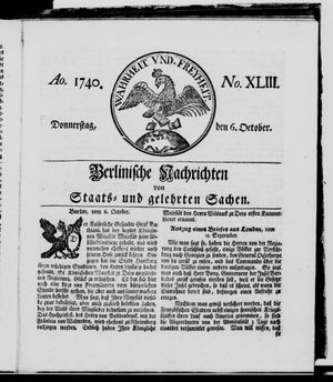 Berlinische Nachrichten von Staats- und gelehrten Sachen on Oct 6, 1740