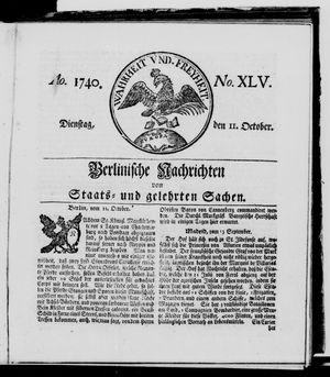 Berlinische Nachrichten von Staats- und gelehrten Sachen vom 11.10.1740