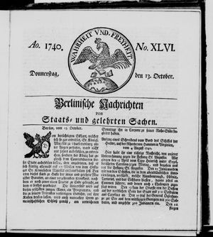 Berlinische Nachrichten von Staats- und gelehrten Sachen vom 13.10.1740