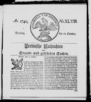 Berlinische Nachrichten von Staats- und gelehrten Sachen vom 18.10.1740