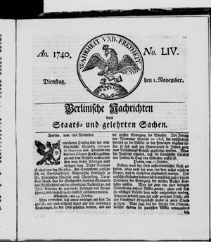 Berlinische Nachrichten von Staats- und gelehrten Sachen vom 01.11.1740