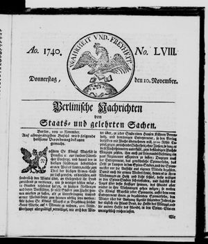 Berlinische Nachrichten von Staats- und gelehrten Sachen on Nov 10, 1740