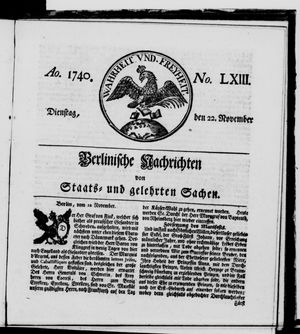 Berlinische Nachrichten von Staats- und gelehrten Sachen vom 22.11.1740