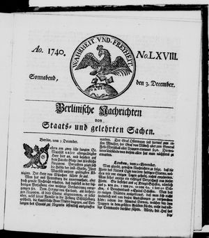 Berlinische Nachrichten von Staats- und gelehrten Sachen vom 03.12.1740