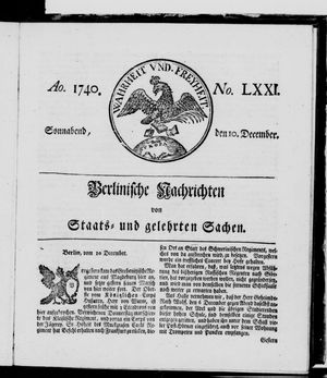 Berlinische Nachrichten von Staats- und gelehrten Sachen on Dec 10, 1740